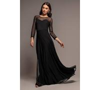 Goddiva Women's Sheer Sleeve Dobby Mesh Sweetheart A Line Maxi Dress in Black | Size: 16