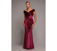 Goddiva Women's Shimmer Velvet Bardot Maxi Dress in Wine | Size: 10 Goddiva Wine 10