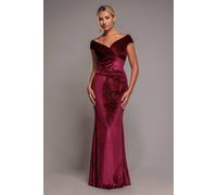 Goddiva Women's Shimmer Velvet Bardot Maxi Dress in Wine | Size: 12