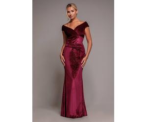 Goddiva Women's Shimmer Velvet Bardot Maxi Dress in Wine | Size: 16