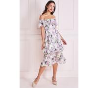 Goddiva Women's Shirred Chiffon Floral Bardot Midi | Size: 8 Goddiva Multicolor 8