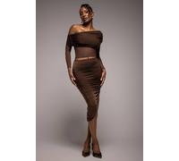 Goddiva Women's Side Gathered Asymmetric Midi Skirt in Brown | Size: Small