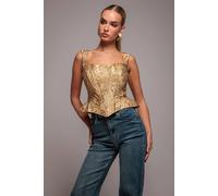 Goddiva Women's Sleeveless Jacquard Lace Up Back Corset Top in Gold | Size: 8