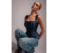 Goddiva Women's Sleeveless Jacquard Lace Up Back Corset Top in Navy | Size: 8