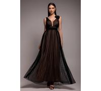 Goddiva Women's Sleeveless Pleated Dobby Mesh Corsage Maxi Dress in Black | Size: 18