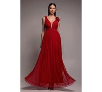 Goddiva Women's Sleeveless Pleated Dobby Mesh Corsage Maxi Dress in Red | Size: 10 Goddiva Red 10