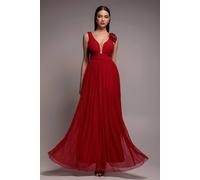 Goddiva Women's Sleeveless Pleated Dobby Mesh Corsage Maxi Dress in Red | Size: 8