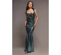 Goddiva Women's Sleeveless Princess Seam Sequin Mermaid Maxi Dress in Green | Size: 10