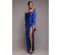 Goddiva Women's Slinky Satin One Shoulder Split Maxi Dress in Cobalt | Size: 12 Goddiva Cobalt 12