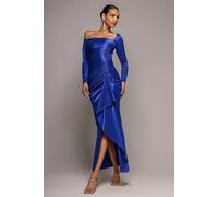 Goddiva Women's Slinky Satin One Shoulder Split Maxi Dress in Cobalt | Size: 16