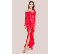Goddiva Women's Slinky Satin One Shoulder Split Maxi Dress in Red | Size: 12 Goddiva Red 12