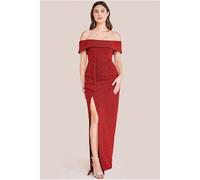 Goddiva Women's Sparkle Bardot Maxi With Waterfall Ruffle in Red | Size: 10 Goddiva Red 10