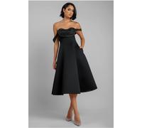 Goddiva Women's Sparkle Chiffon Cowl Bardot Skater Midi Dress in Black | Size: 14