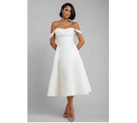 Goddiva Women's Sparkle Chiffon Cowl Bardot Skater Midi Dress in Cream | Size: 10 Goddiva Cream 10