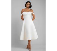 Goddiva Women's Sparkle Chiffon Cowl Bardot Skater Midi Dress in Cream | Size: 8