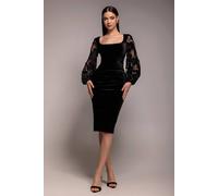Goddiva Women's Square Neck Scalloped Crochet Sleeve Velvet Midi Dress in Black | Size: 12