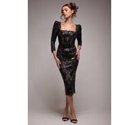 Goddiva Women's Square Neck Scalloped Lace Midi Dress in Black | Size: 8