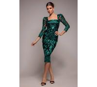Goddiva Women's Square Neck Scalloped Lace Midi Dress in Emerald | Size: 14