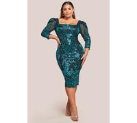Goddiva Women's Square Neck Scalloped Lace Midi Dress in Emerald | Size: 24 Goddiva Emerald 24