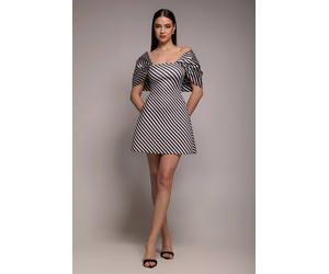 Goddiva Women's Stripe Off-Shoulder Bow Back Satin Bow Mini Dress | Size: 10