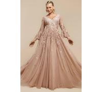 Goddiva Women's Sunray Sequin A Line Bell Sleeve Maxi Dress in Medium Beige | Size: 10