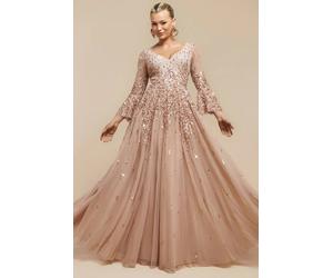 Goddiva Women's Sunray Sequin A Line Bell Sleeve Maxi Dress in Medium Beige | Size: 8
