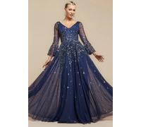 Goddiva Women's Sunray Sequin A Line Bell Sleeve Maxi Dress in Navy | Size: 10