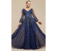 Goddiva Women's Sunray Sequin A Line Bell Sleeve Maxi Dress in Navy | Size: 10 Goddiva Navy 10