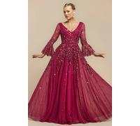 Goddiva Women's Sunray Sequin A Line Bell Sleeve Maxi Dress in Wine | Size: 10