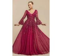 Goddiva Women's Sunray Sequin A Line Bell Sleeve Maxi Dress in Wine | Size: 10 Goddiva Wine 10