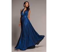 Goddiva Women's Sunrise Foil Halterneck A-Line Maxi Dress in Navy | Size: 14