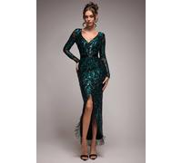 Goddiva Women's Tassel & Sequin Maxi Dress With Front Split in Emerald | Size: 18