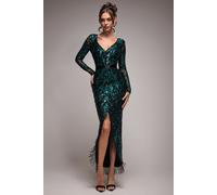 Goddiva Women's Tassel & Sequin Maxi With Front Split in Emerald | Size: 16 Goddiva Emerald 16