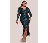 Goddiva Women's Tassel & Sequin Maxi With Front Split in Emerald | Size: 22 Goddiva Emerald 22