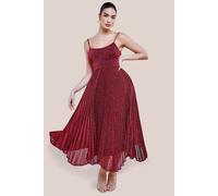 Goddiva Women's Tie Back Pleated Lurex Skater Midi Dress in Wine | Size: 12 Goddiva Wine 12