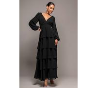 Goddiva Women's Tiered Chiffon Wrap Maxi Dress in Black | Size: 10