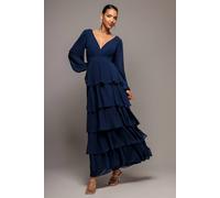 Goddiva Women's Tiered Chiffon Wrap Maxi Dress in Navy | Size: 10