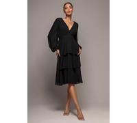 Goddiva Women's Tiered Chiffon Wrap Midi Dress in Black | Size: 10