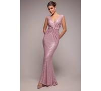 Goddiva Women's Twisted Front Sequin Maxi Dress in Light Beige | Size: 12