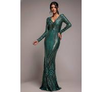 Goddiva Women's Two Toned V Neck Sequin Maxi Dress in Emerald | Size: 10