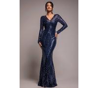Goddiva Women's Two Toned V Neck Sequin Maxi Dress in Navy | Size: 8