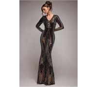 Goddiva Women's Two Toned V Neck Sequin Maxi in Black | Size: 10 Goddiva Black 10