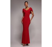 Goddiva Women's V Neck Cowl Back Pleated Sleeve Scuba Maxi Dress in Red | Size: 10