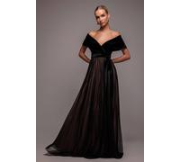Goddiva Women's Velvet Bardot Dobby Mesh A Line Maxi Dress in Black | Size: 8