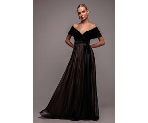 Goddiva Women's Velvet Bardot Dobby Mesh A Line Maxi Dress in Black | Size: 8