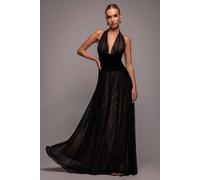 Goddiva Women's Velvet & Dobby Mesh A Line Halter Maxi Dress in Black | Size: 14 Goddiva Black 14