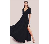 Goddiva Women's Wrap Front Maxi With Flutter Sleeves in Black | Size: 8 Goddiva Black 8