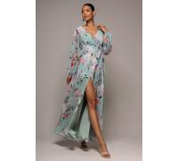 Goddiva Women's Wrap Front Slit Floral Maxi Dress in Light Green | Size: 12