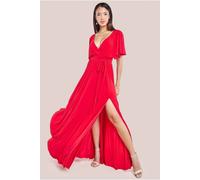 Goddiva Wrap Front Maxi With Flutter Sleeves In Red Red