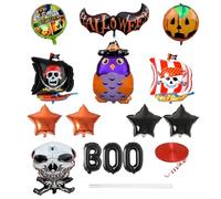 Godfather 12 Pcs Halloween Boo Foil Balloons Set Party Decorations for Kids Skull, Bat, Pumpkin, Star Helium Foil Balloons Kit Party Supplies with 10mtr Free Ribbon and 1 Straw